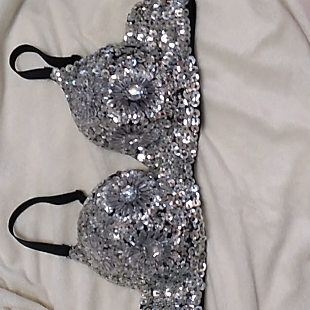 Sequin silver/black beaded bra for dance costume party sz 36/80 Meishulanna